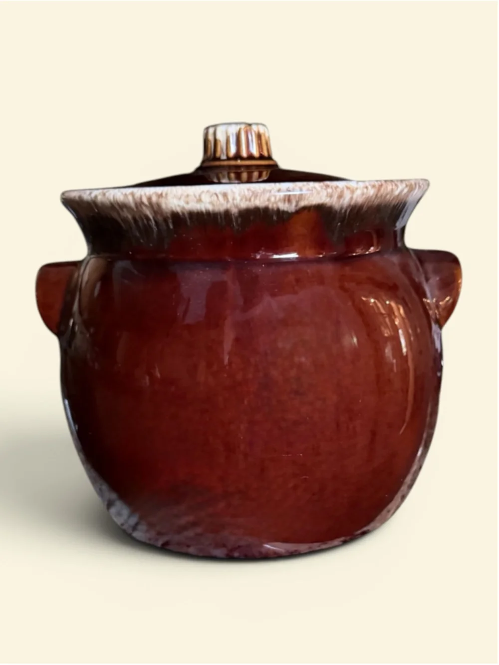 Vintage Hull Oven Proof Bean Pot w Lid Brown Drip Glaze USA 7” Farmhouse Crock